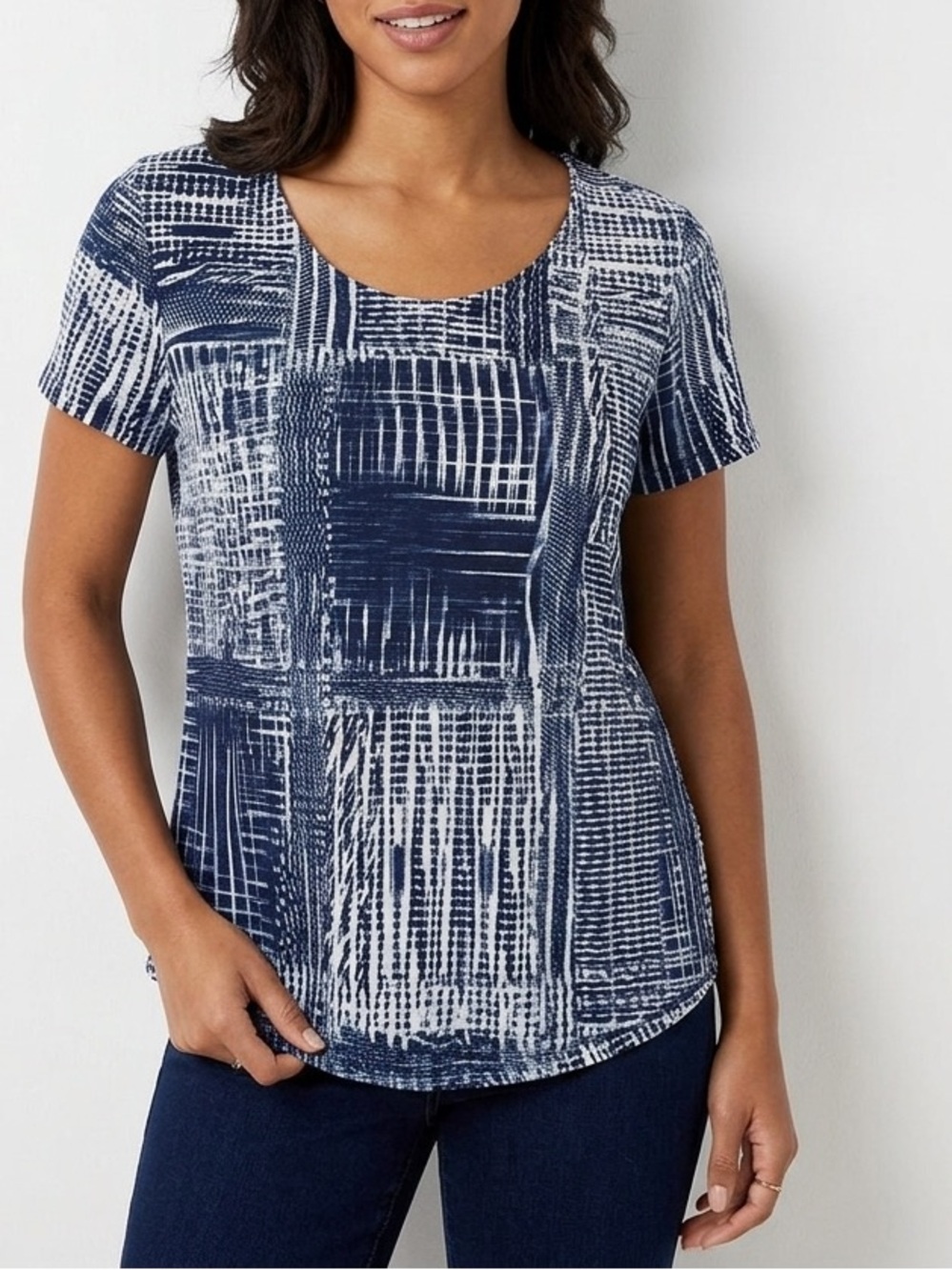 🔥$10 FINAL PRICE🔥 Chico's Abstract Grid Mosaic Short Sleeve Top Navy White❤️